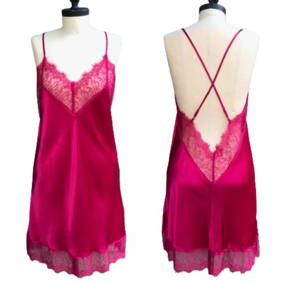 NWOT New 100% Silk Pink Red Lace Criss Cross Chemise Negligee Full Slip Dress M - Picture 1 of 17